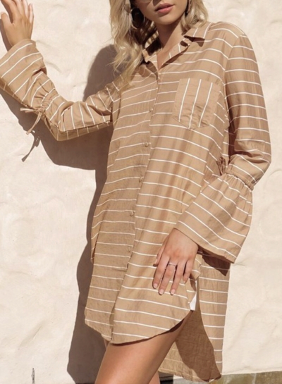 Casual Striped Turn-Down Collar Flare Sleeve Loose Button Down Blouse STYLESIMO.com
