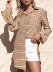 Casual Striped Turn-Down Collar Flare Sleeve Loose Button Down Blouse