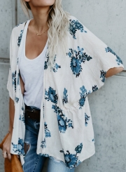 Casual Floral Print Dolman Sleeve Elastic Waist Loose Cardigan