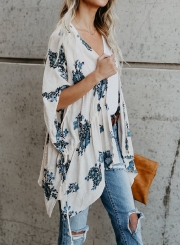 Casual Floral Print Dolman Sleeve Elastic Waist Loose Cardigan