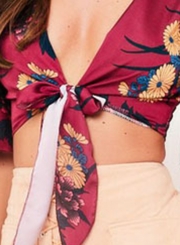 Sexy Floral Print V Neck Half Sleeve Bow Tie Crop Top