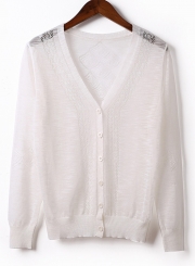 Casual V Neck Long Sleeve Hollow Out Loose Button Down Cardigan Sweater