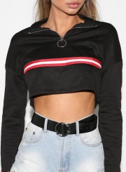 Sexy Striped Hoodie High Neck Long Sleeve Crop Top