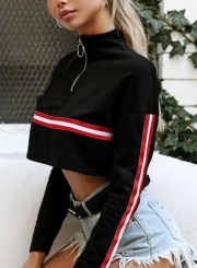 Sexy Striped Hoodie High Neck Long Sleeve Crop Top