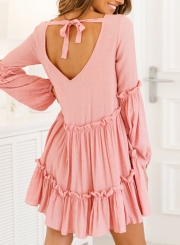 Fashion Lantern sleeve Round Neck Loose Ruffle Hem Dress