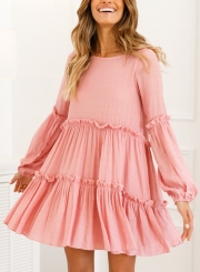 Fashion Lantern sleeve Round Neck Loose Ruffle Hem Dress