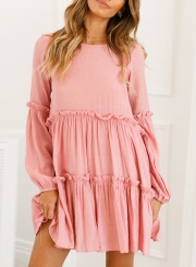 Fashion Lantern sleeve Round Neck Loose Ruffle Hem Dress