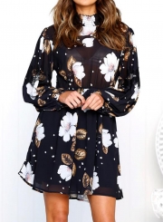 Floral Print High Neck Lantern Sleeve Elastic Waist Dress