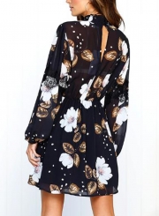 Floral Print High Neck Lantern Sleeve Elastic Waist Dress