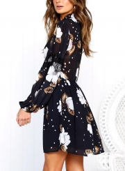 Floral Print High Neck Lantern Sleeve Elastic Waist Dress