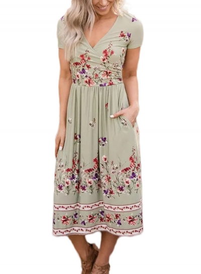 Casual Floral Printed V Neck Short Sleeve Pockets Maxi Dress YOUYOUFASHIONEC.com