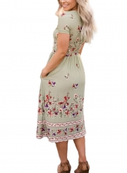 Casual Floral Printed V Neck Short Sleeve Pockets Maxi Dress