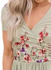 Casual Floral Printed V Neck Short Sleeve Pockets Maxi Dress