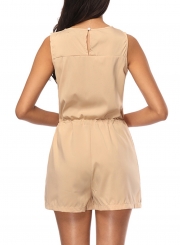 Khaki Summer Slim Sleeveless V Neck Waist Tie Pockets Wide Leg Romper With Zip