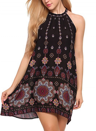 Black Loose Popper Printed Sleeveless Halter Neck Women Mini Dress LEXELFASHIONINTSHOPS.com