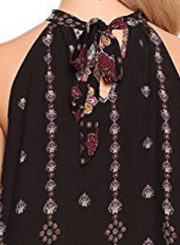 Black Loose Popper Printed Sleeveless Halter Neck Women Mini Dress