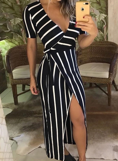 Summer Sexy Striped V Neck Short Sleeve Slit Slim Maxi Dress