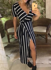 Summer Sexy Striped V Neck Short Sleeve Slit Slim Maxi Dress