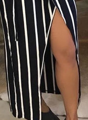 Summer Sexy Striped V Neck Short Sleeve Slit Slim Maxi Dress