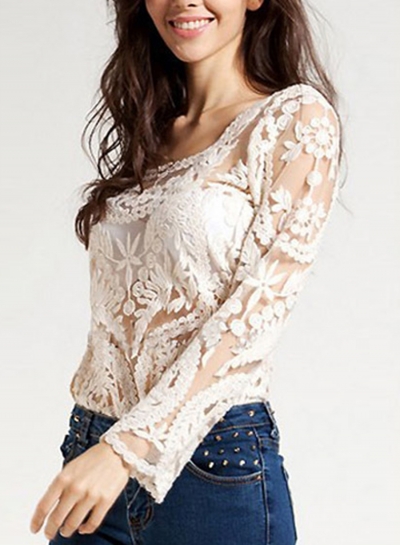 Fashion Sexy Round Neck Long Sleeve Lace Hollow Out Blouse YOUYOUFASHIONEC.com