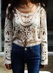 Fashion Sexy Round Neck Long Sleeve Lace Hollow Out Blouse