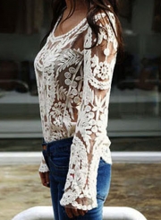 Fashion Sexy Round Neck Long Sleeve Lace Hollow Out Blouse