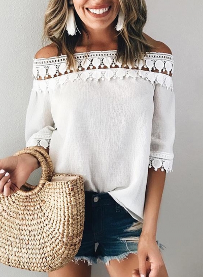 Sexy Off The Shoulder Half Sleeve Hollow Out Loose Blouse YOUYOUFASHIONEC.com