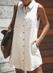 Summer Loose Turn-Down Collar Button Down Dress With Pockets