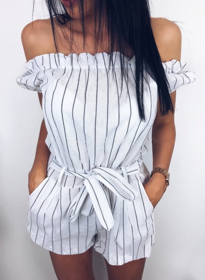 Casual Striped Off The Shoulder Short Sleeve Romper With Pockets YOUYOUFASHIONEC.com