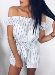 Casual Striped Off The Shoulder Short Sleeve Romper With Pockets
