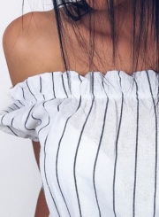 Casual Striped Off The Shoulder Short Sleeve Romper With Pockets
