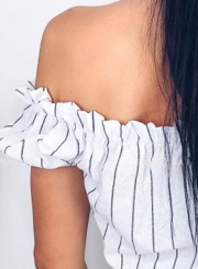 Casual Striped Off The Shoulder Short Sleeve Romper With Pockets