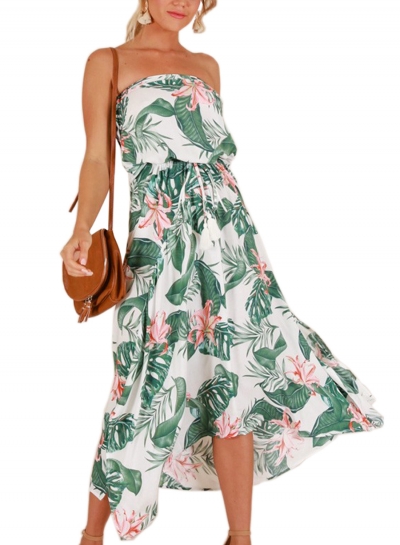 Summer Sexy Floral Print Chest Wrapped Elastic Waist Beach Dress