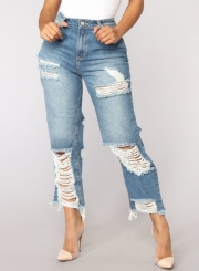 Casual Destroyed High Waist Straight Jeans With Pockets