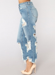 Casual Destroyed High Waist Straight Jeans With Pockets