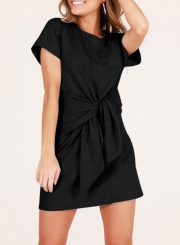 Fashion Loose Round Neck Short Sleeve Front Tie A-line Dress