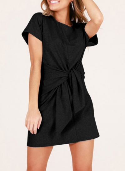 Fashion Loose Round Neck Short Sleeve Front Tie A-line Dress LZDINTECOMMERCE.com