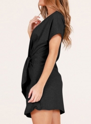 Fashion Loose Round Neck Short Sleeve Front Tie A-line Dress