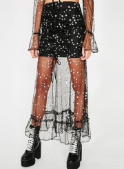 Black Sexy High Waist Ruffle Long Mesh Skirt With Star Pattern