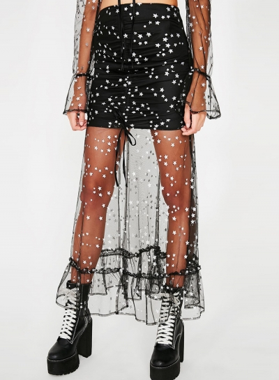 Black Sexy High Waist Ruffle Long Mesh Skirt With Star Pattern STYLESIMO.com