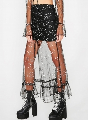Black Sexy High Waist Ruffle Long Mesh Skirt With Star Pattern