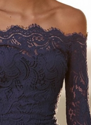 Sexy Off Shoulder Flare Sleeve Elastic Waist Lace Bodycon Cocktail Dress