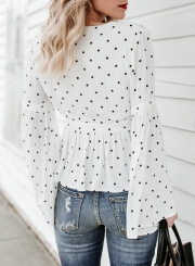 Sexy V Neck Polka Dot Bow Tie Flare Sleeve Slim Blouse