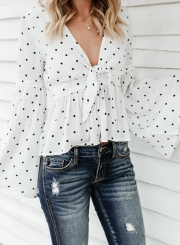 Sexy V Neck Polka Dot Bow Tie Flare Sleeve Slim Blouse