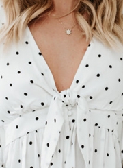 Sexy V Neck Polka Dot Bow Tie Flare Sleeve Slim Blouse