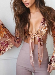 Pink Sexy V Neck Floral Print Bow Tie Bell Sleeve Crop Top Blouse