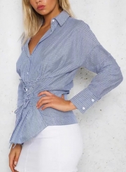 Casual Turn-Down Collar Long Sleeve Lace-Up Slim Button Down Shirt