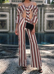 Sexy Striped 2 Piece Off Shoulder Front Bow Crop Top Wide Leg Pants