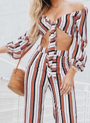 Sexy Striped 2 Piece Off Shoulder Front Bow Crop Top Wide Leg Pants