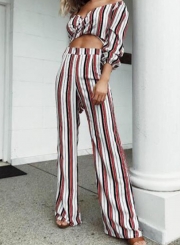 Sexy Striped 2 Piece Off Shoulder Front Bow Crop Top Wide Leg Pants